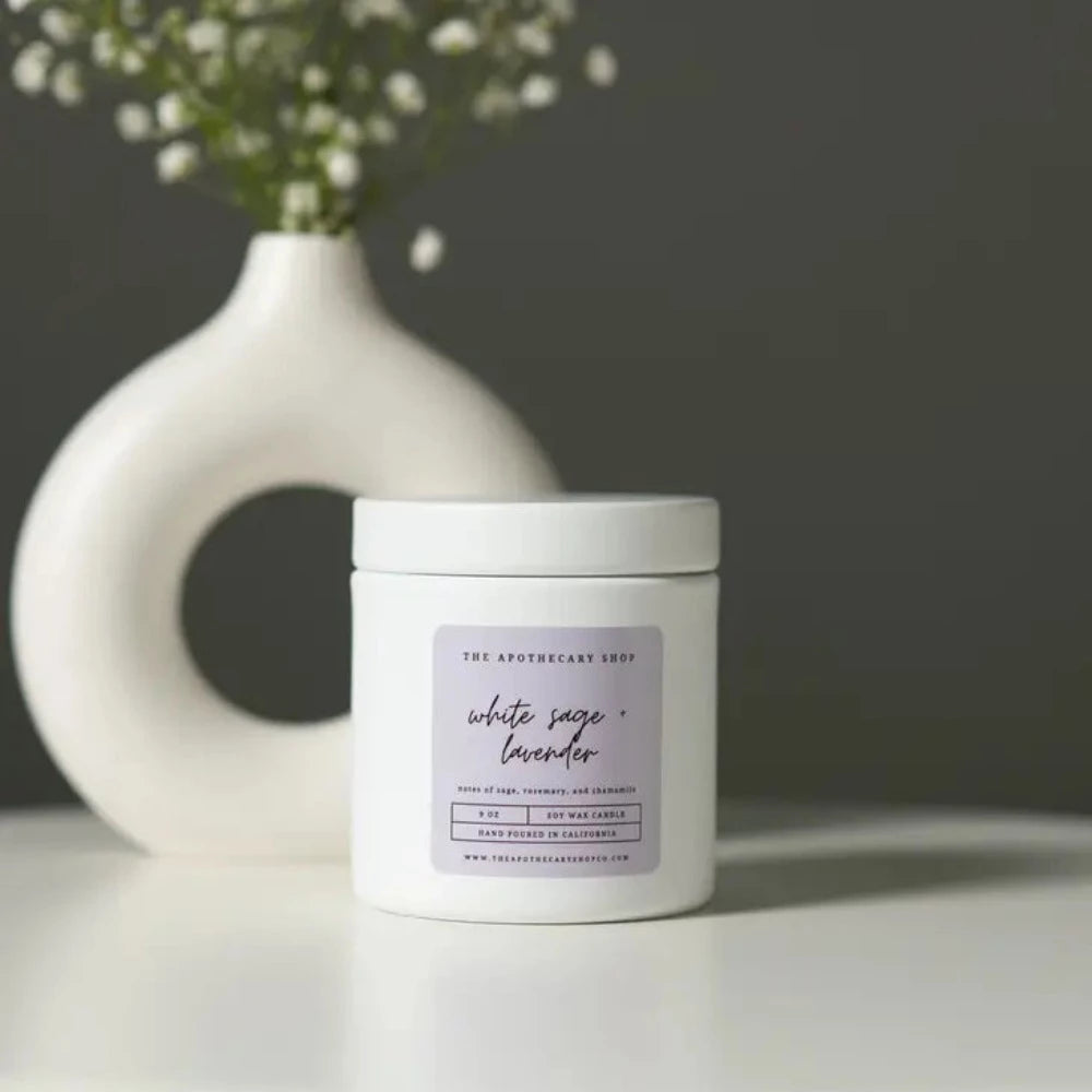 9 oz. Glamorous Tin of Premium White Sage and Lavender Scented Soy Wax Candle