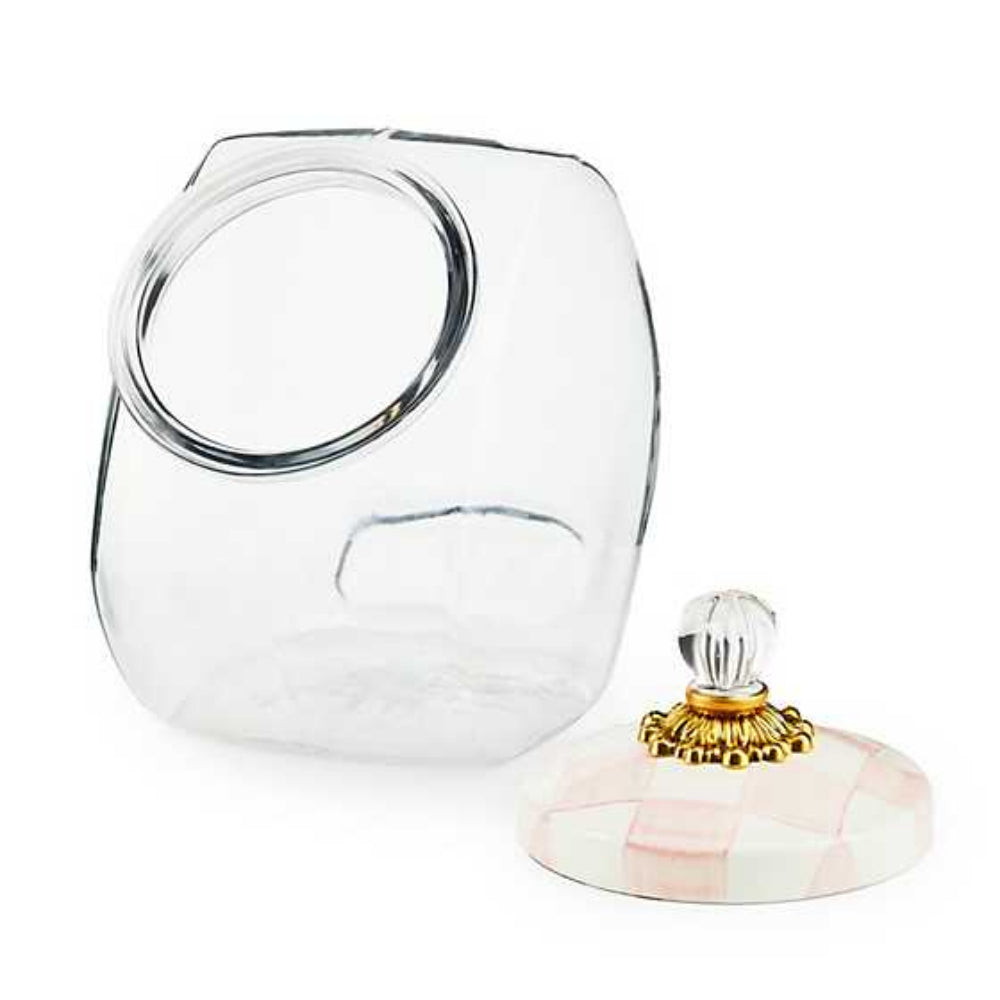MacKenzie-Childs Decorative Rosy Check Pattern Enamel Lid Glass Cookie Jar for Storing Treats
