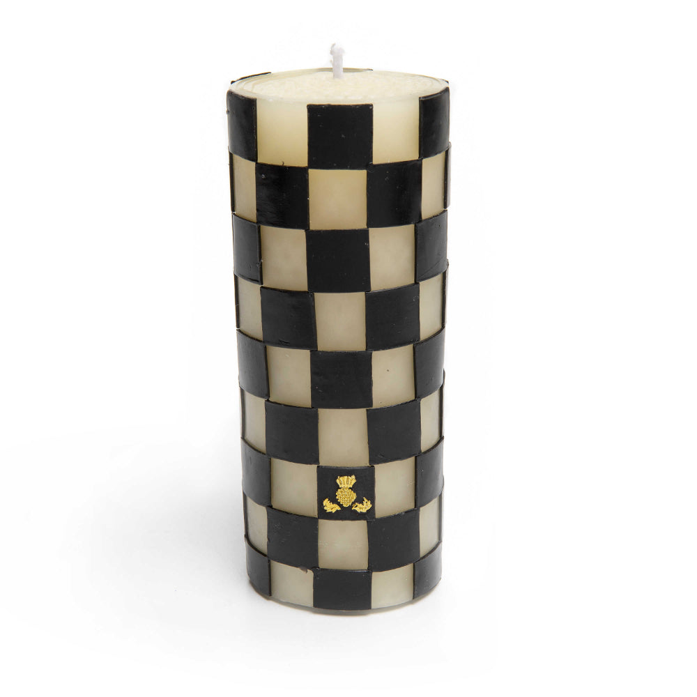 MacKenzie-Childs Elegant Black Checked Pillar Candle for Home Decor