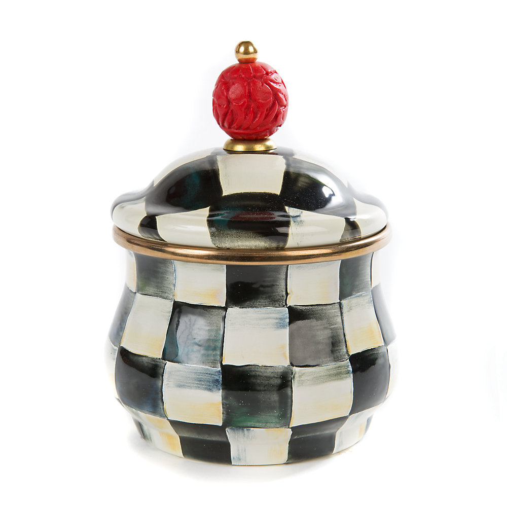 MacKenzie-Childs Exquisite Courtly Check Patterned Enamel Lidded Sugar Bowl for Multiple Uses