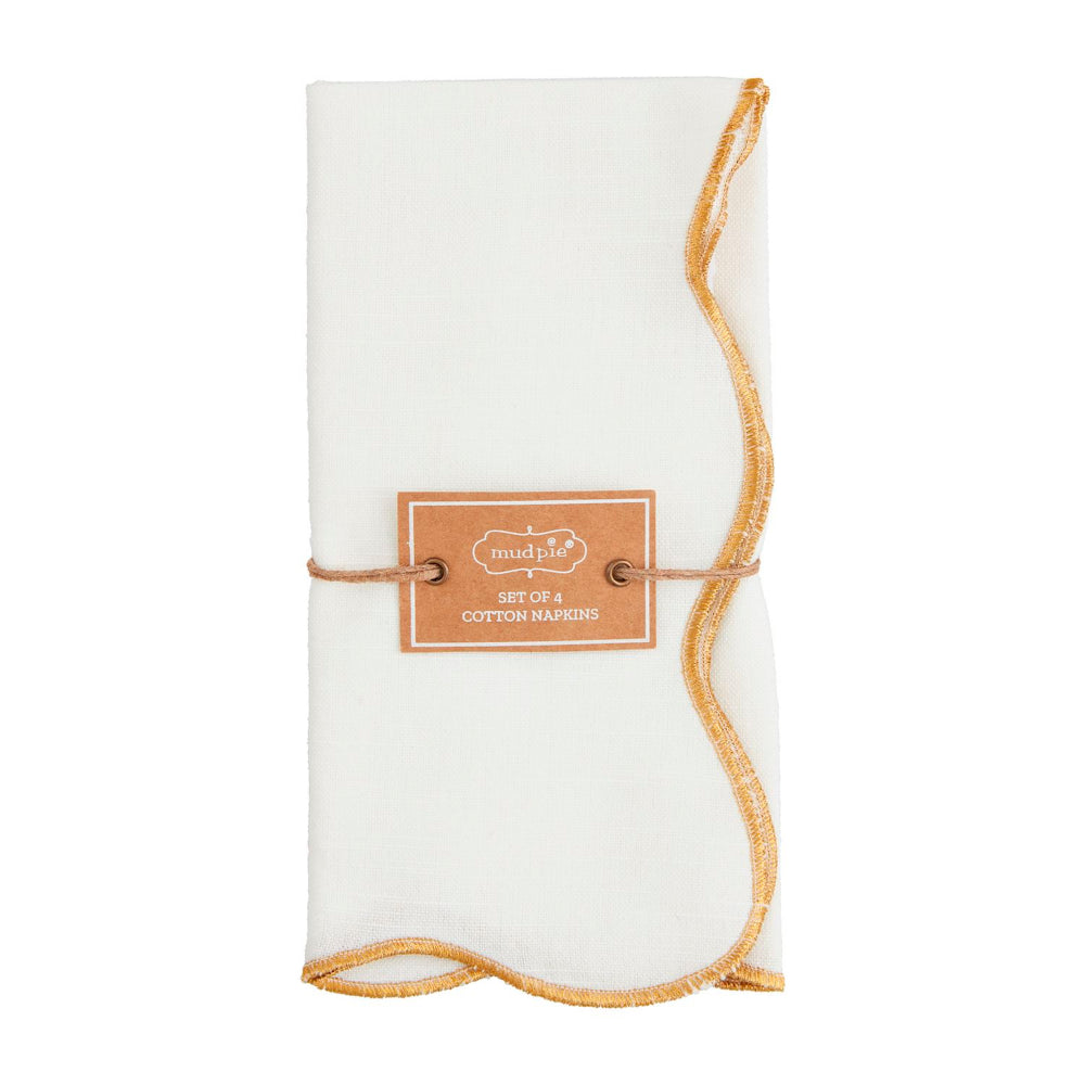 Mud Pie Elegant Gold Embroidered Scallop Edge Cotton Dinner Napkin Set
