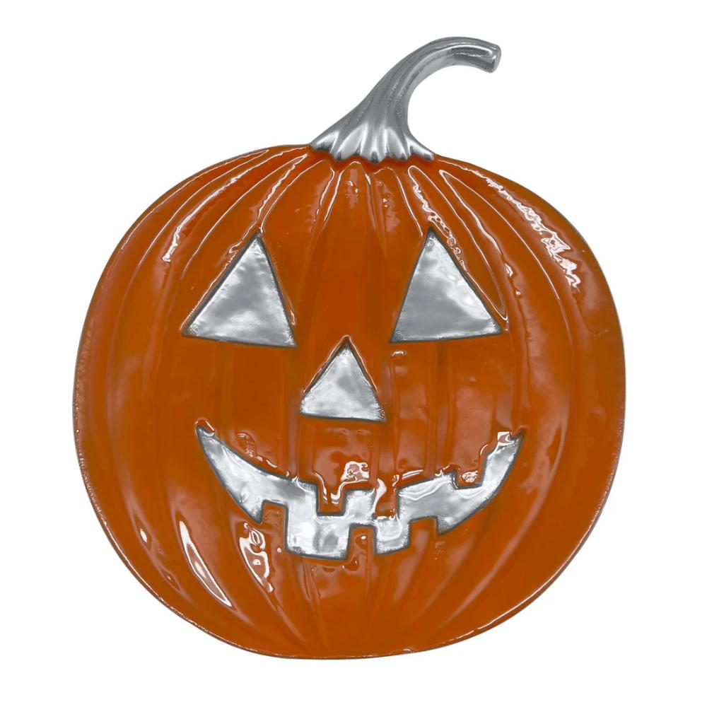 Handmade Recycled Aluminum Orange Jack O Lantern Platter for Halloween