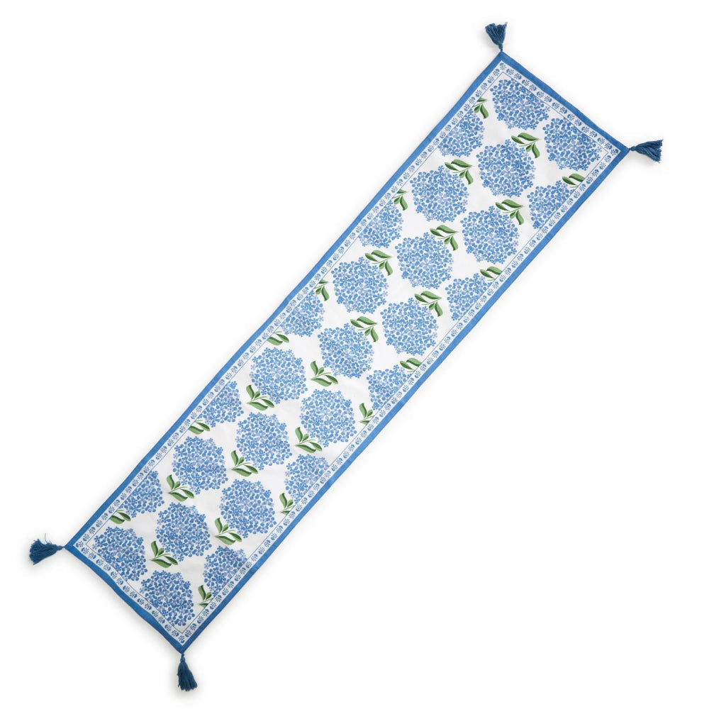 Two's Company Decorative Hydrangea Print Cotton Table Runner Featuring Tassel Accents