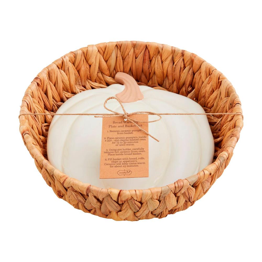 Mud Pie Stoneware Hand - painted Pumpkin Bread Warming Basket and Plate Set