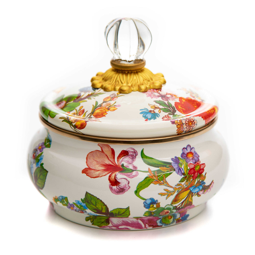 MacKenzie-Childs White Flower Market Compact Canister Pot