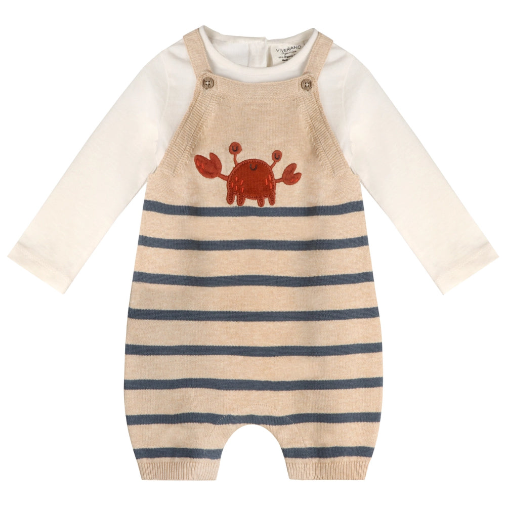 Viverano Organics Baby Romper Set Made of Organic Cotton with Crab Embroidered Design in Oat Heather Color