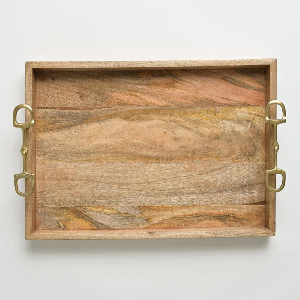 Exquisite Olive Wood Serving Tray with Hand - forged Brass Snaffle Handles