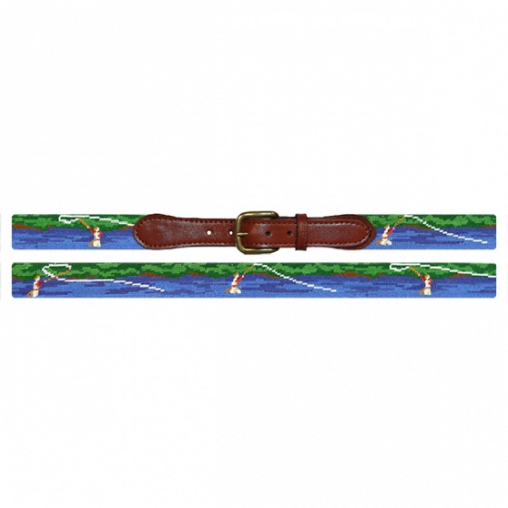 Smathers & Branson Hand - stitched Fly Fishing Pattern Needlepoint Leather Belt