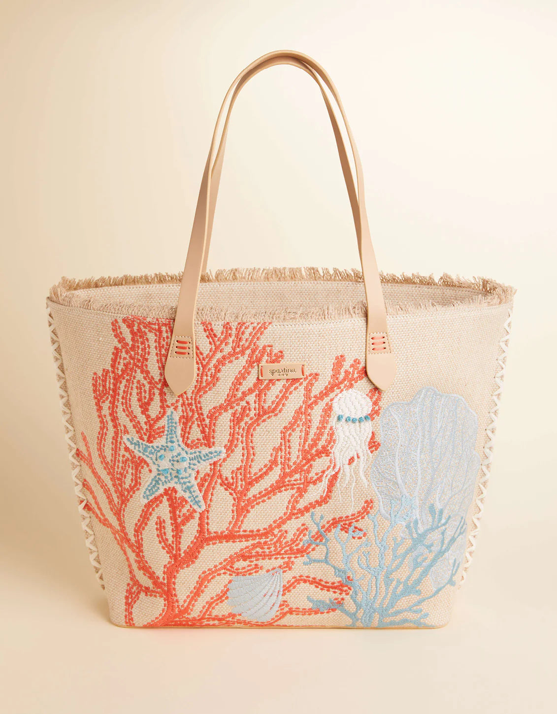 Spartina Ogeechee Coral Sea Life Embroidered Cotton - Jute Blend Beach Tote