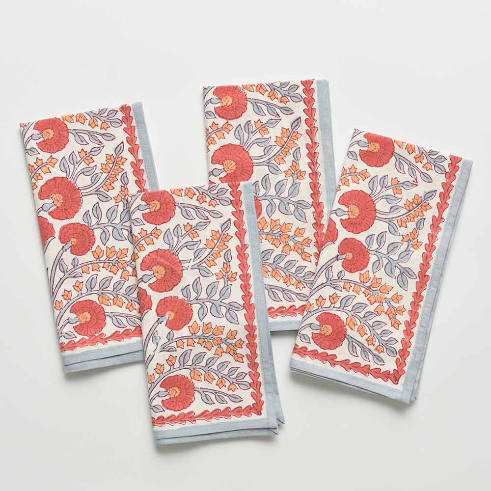 Ivory Pomegranate and Cactus Flower Print Cotton Dinner Napkin