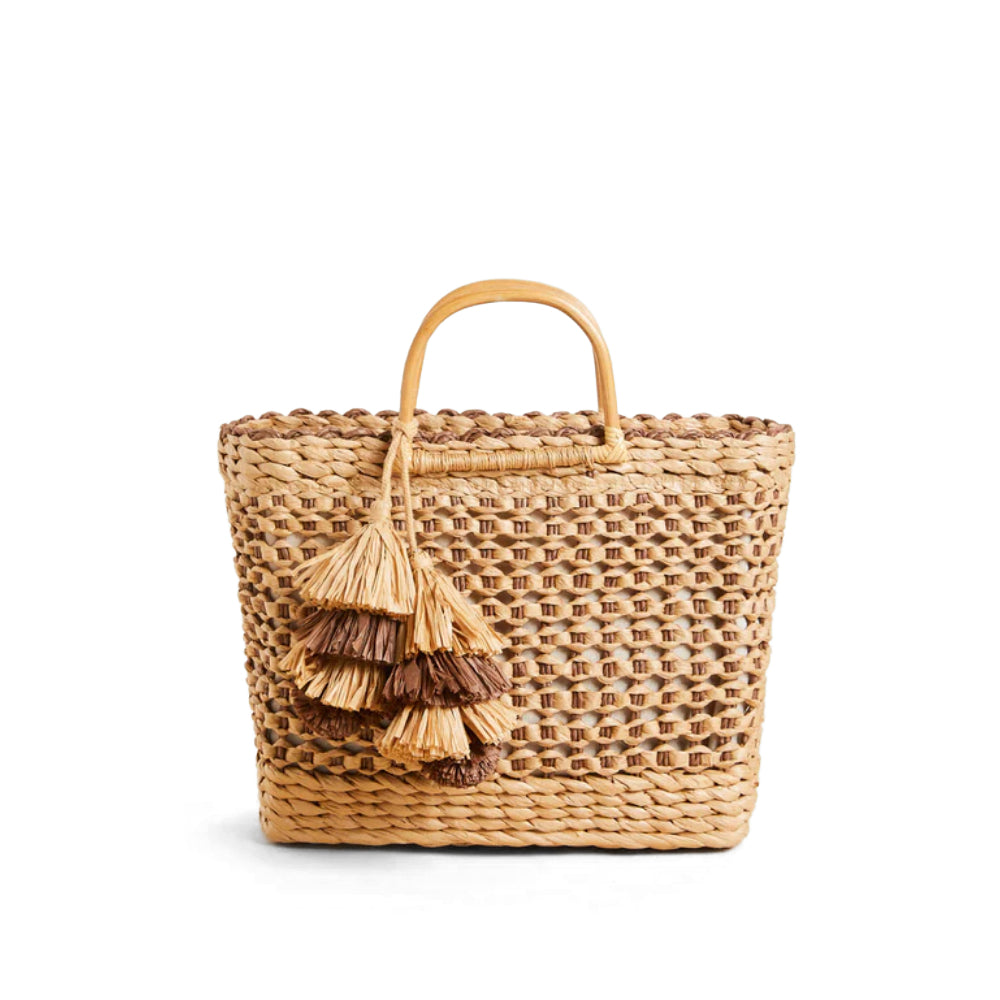 Brown Spartina Woven Papyrus Tote Basket with Pompom Tassel