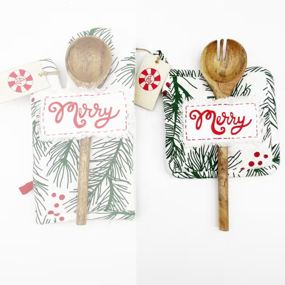 Luxurious Christmas-themed Pine Bough Oven Mitt and Pot Holder Set with a Wooden Spoon