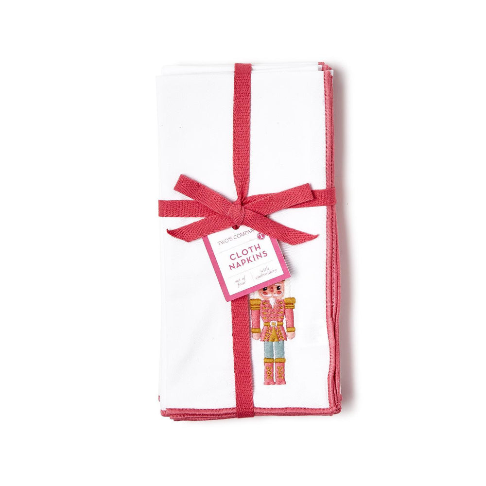 Festive Pink Embroidered Nutcracker Cotton Napkin Set of 4