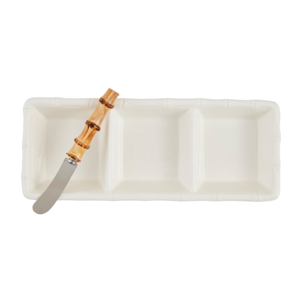 Mud Pie High - Quality Stoneware and Stainless Steel Ceramic Bamboo - Inspired Triple Tidbit Serving Set