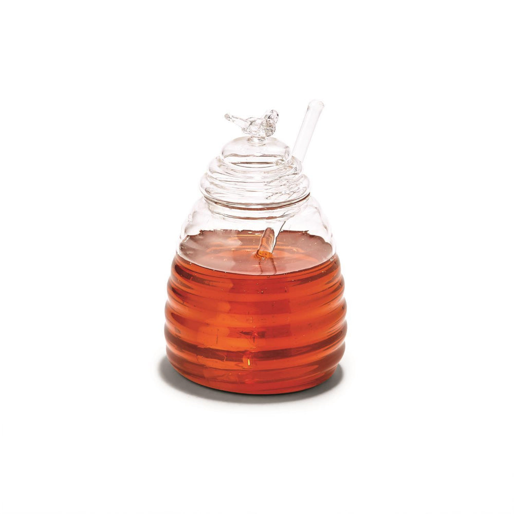 Two's Company Decorative Handblown Glass Honey Pot with Lid and Dipping Stick for Tabletop Display