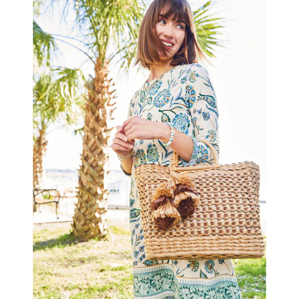 Brown Spartina Woven Papyrus Tote Basket with Pompom Tassel