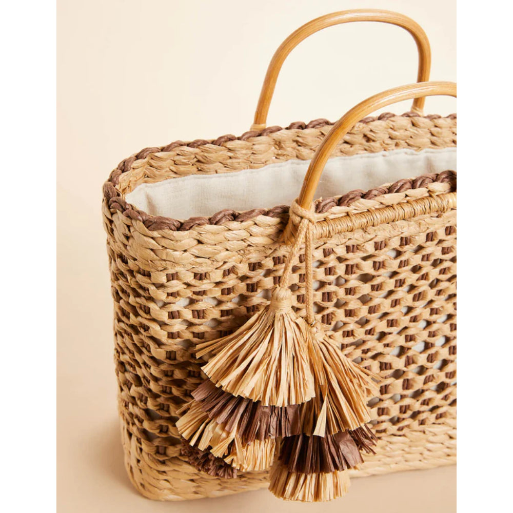 Brown Spartina Woven Papyrus Tote Basket with Pompom Tassel