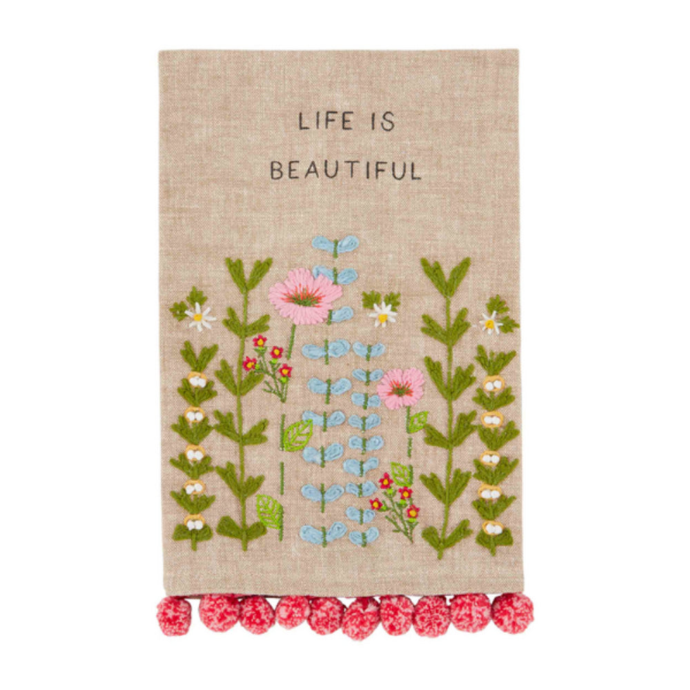 Mud Pie Decorative Bloom Floral Embroidery Pom Design Cotton Hand Towel