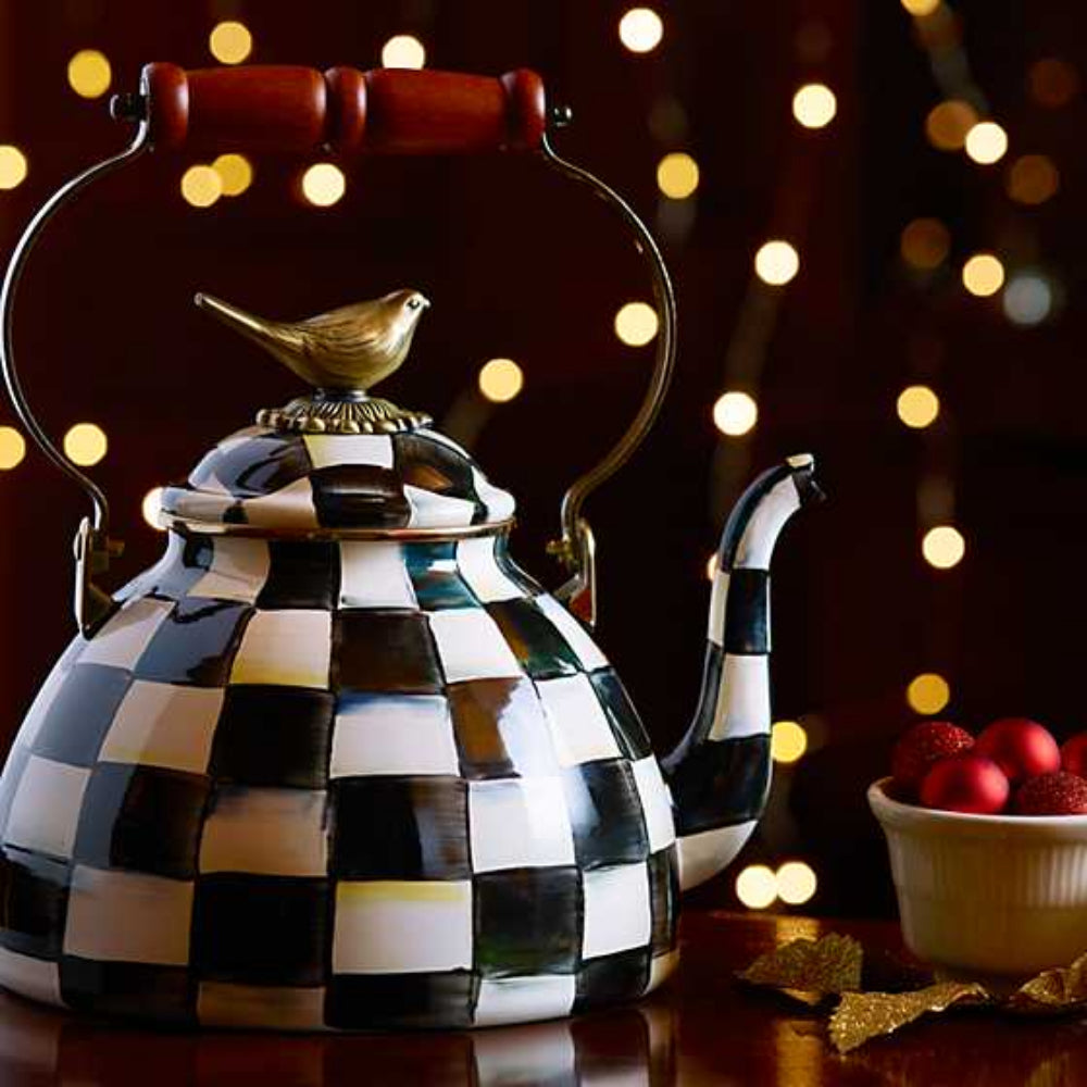 MacKenzie-Childs 3 Qt. Courtly Check Enamel Tea Kettle with Charming Bird Knob