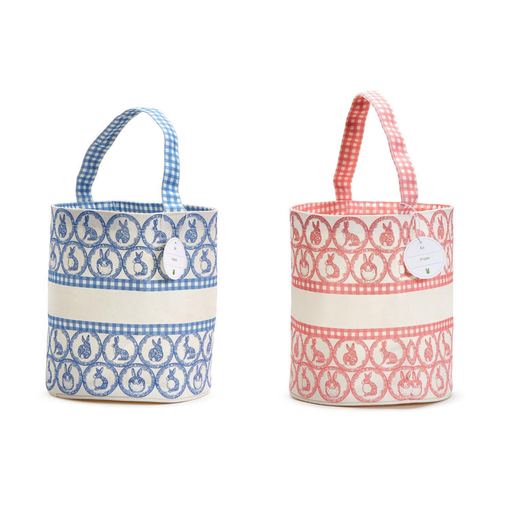 Easter Egg Hunt Bag with Bunny and Gingham Print by Two's Company in Pink and Blue