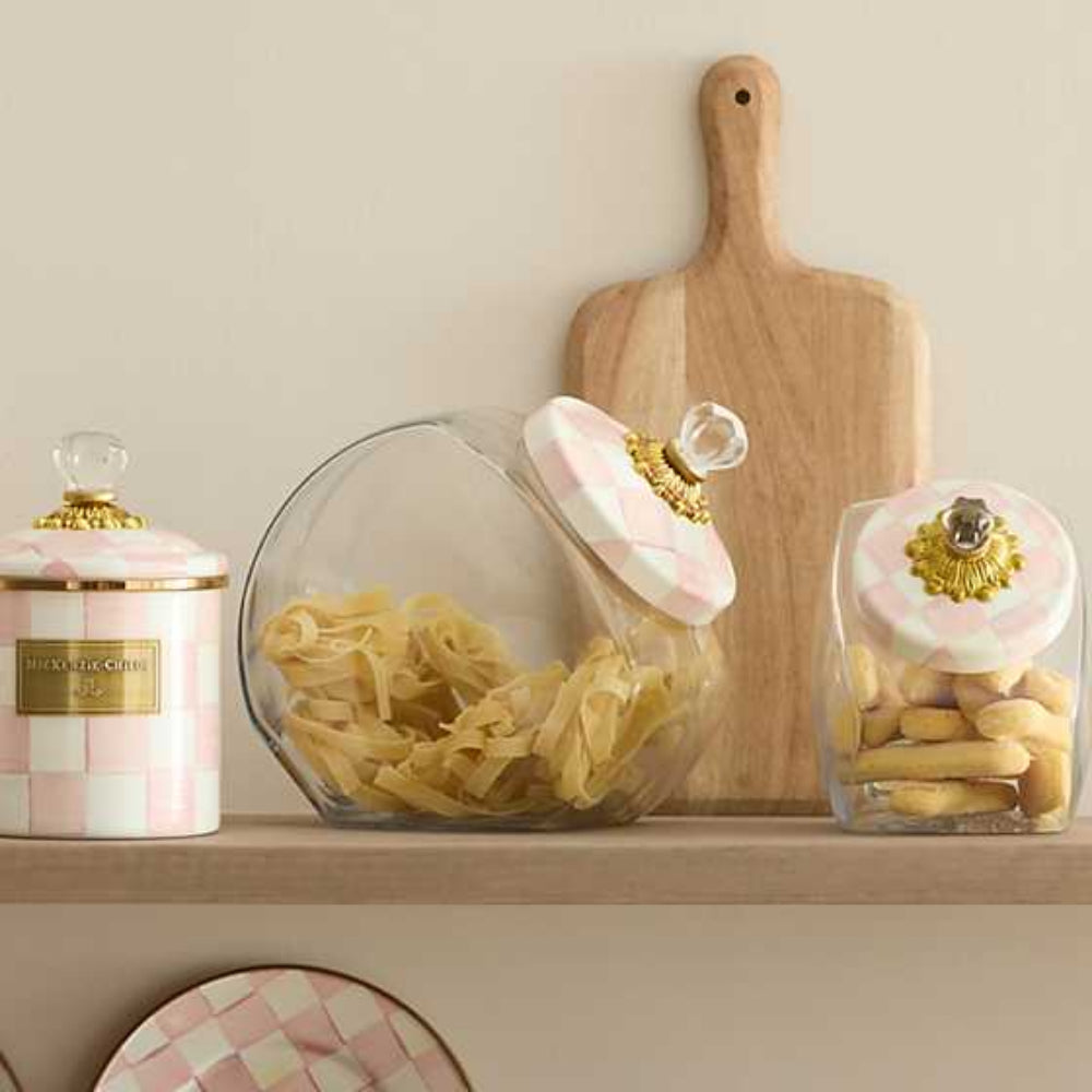 MacKenzie-Childs Decorative Rosy Check Pattern Enamel Lid Glass Cookie Jar for Storing Treats