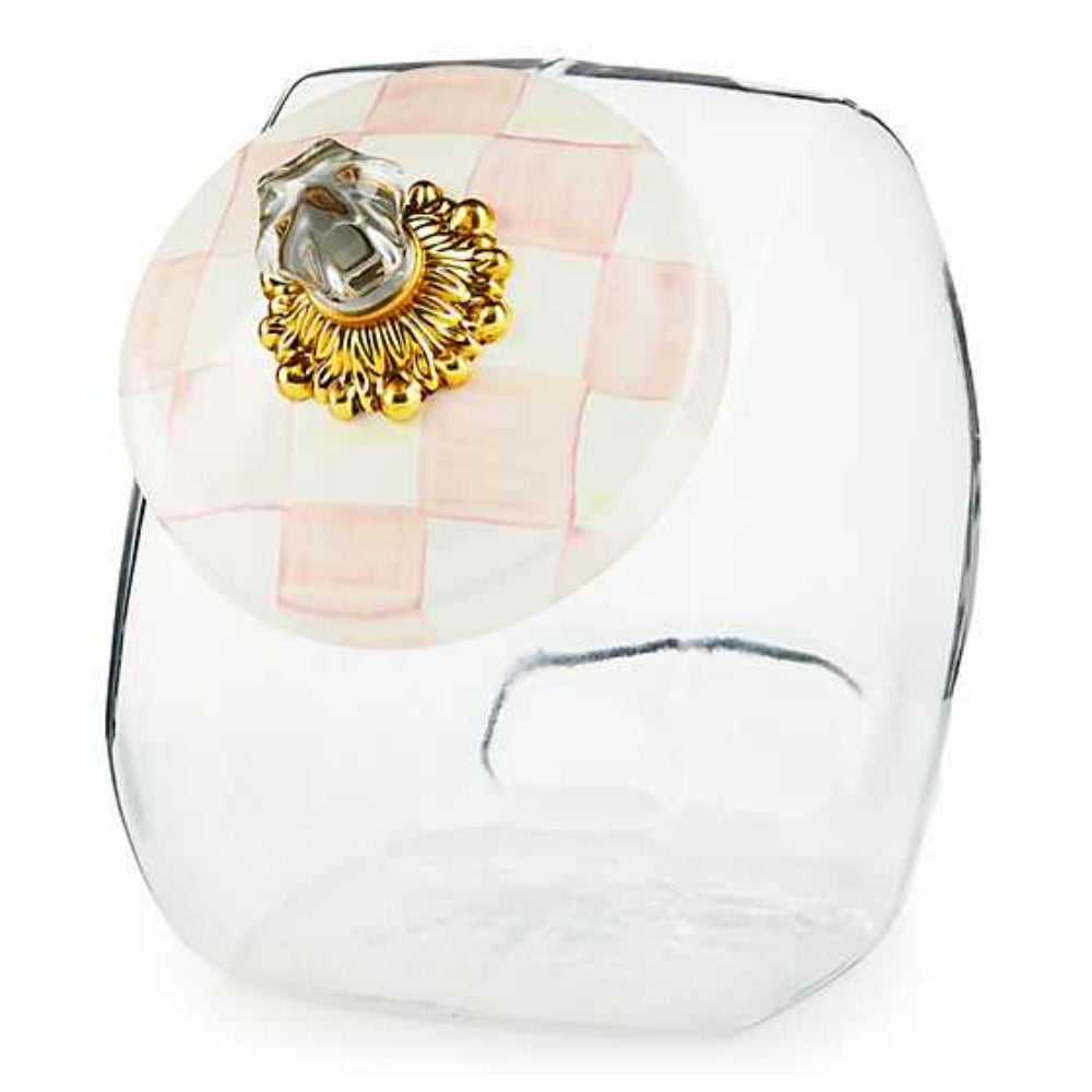 MacKenzie-Childs Decorative Rosy Check Pattern Enamel Lid Glass Cookie Jar for Storing Treats