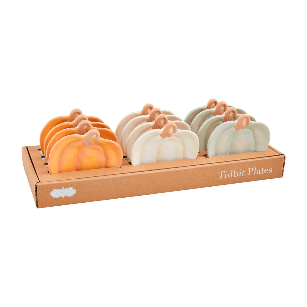 Hand - painted Stoneware Mud Pie Pumpkin - shaped Tidbit Serving Plates