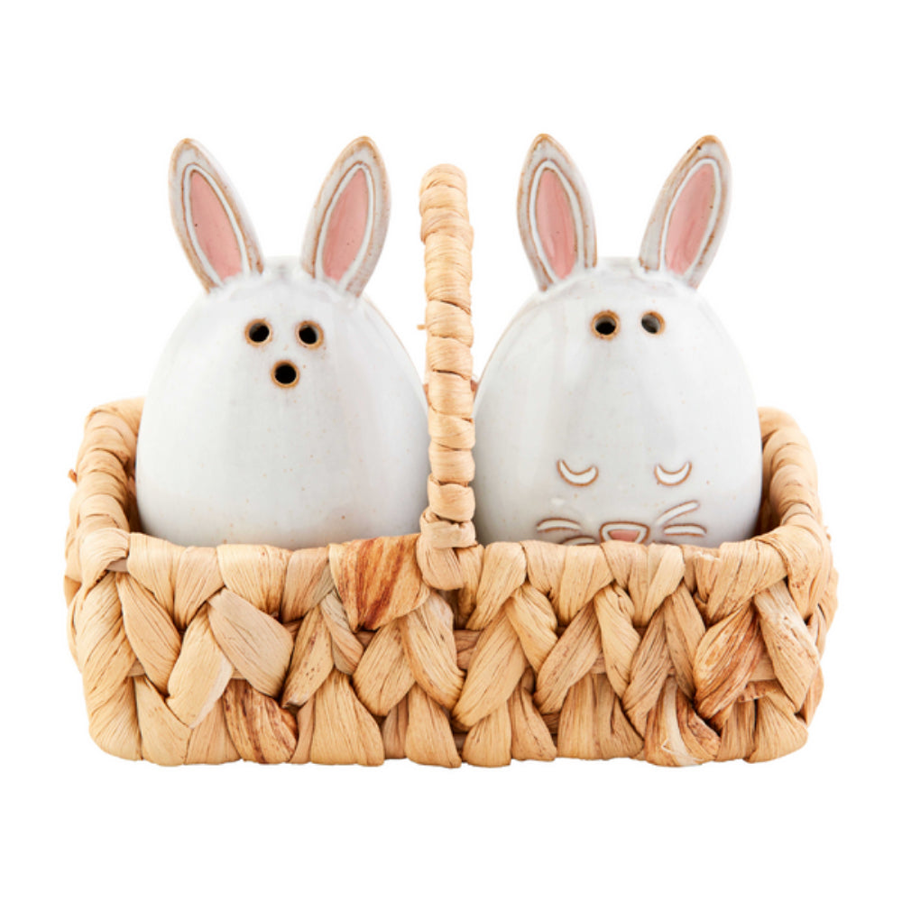 Easter Decorative Mud Pie Bunny Stoneware Salt and Pepper Shaker Set in Water Hyacinth Basket