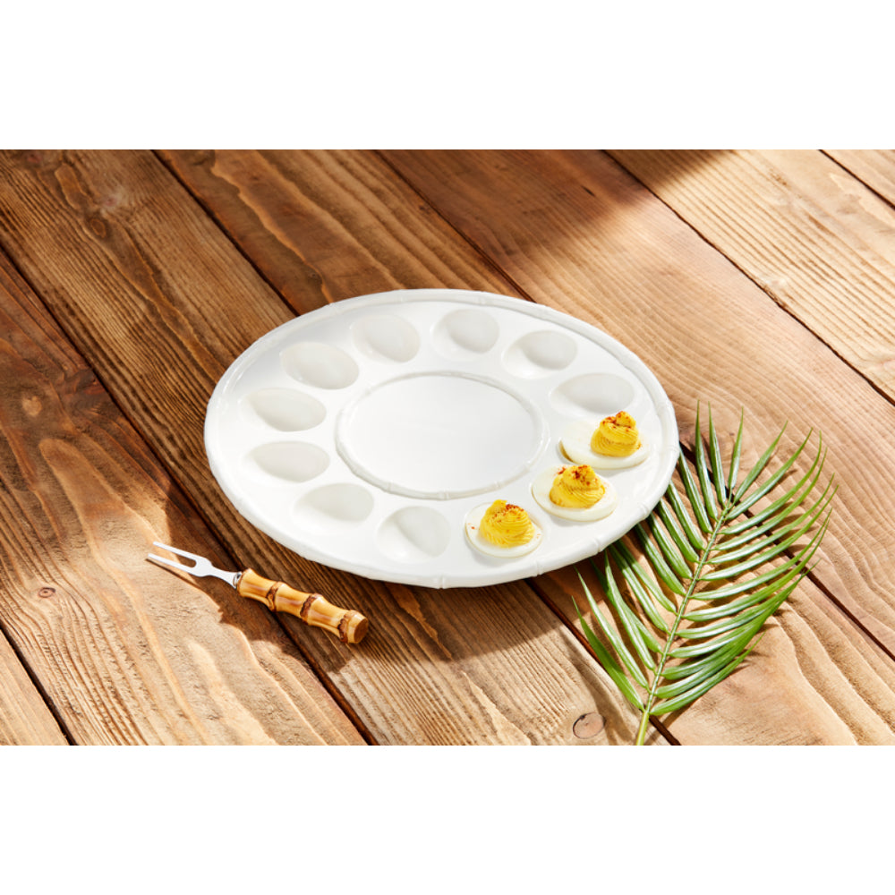 Mud Pie Exquisite Stoneware and Stainless Steel Deviled Egg Tray Set with Bamboo Design