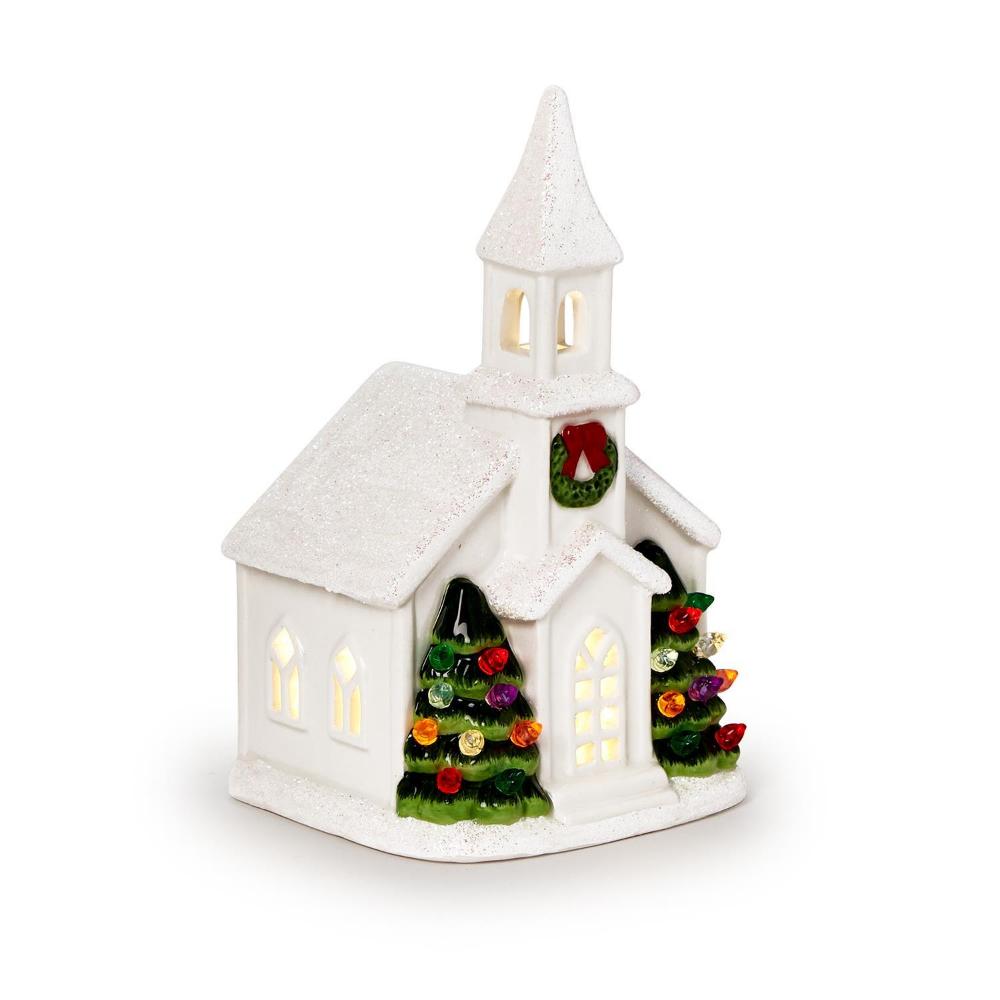 Two's Company Decorative White Ceramic Church Illuminated with LED Lights