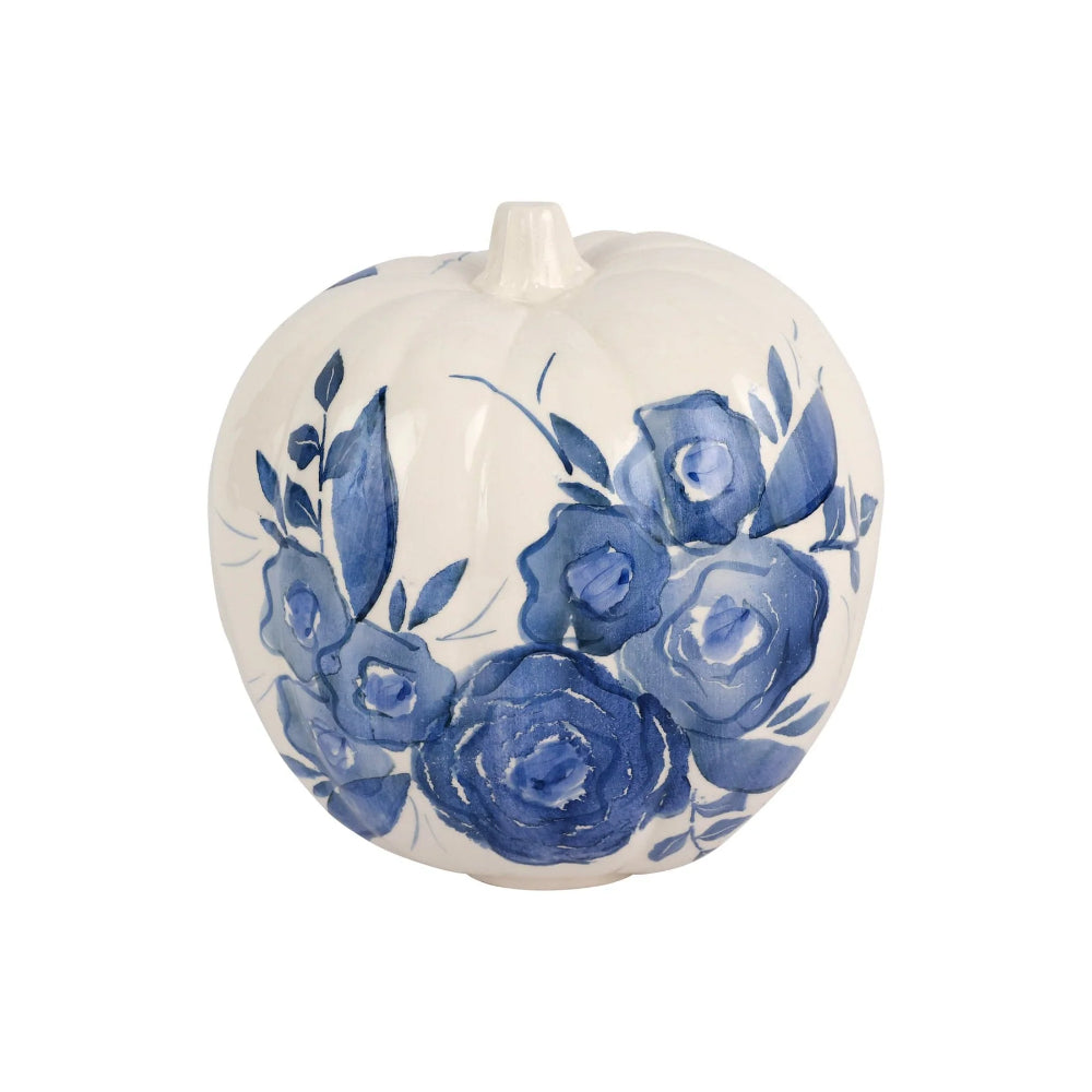 Vietri Hand - painted Blue Camellia - themed Figural Pumpkins for Fall Decor