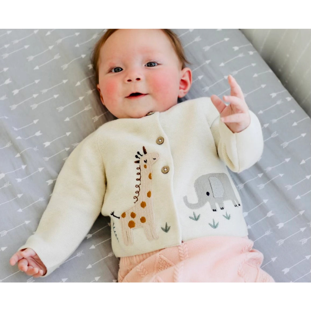 Viverano Organics Natural Embroidered Baby Cardigan Sweater with Animal Safari Design (Organic Cotton)