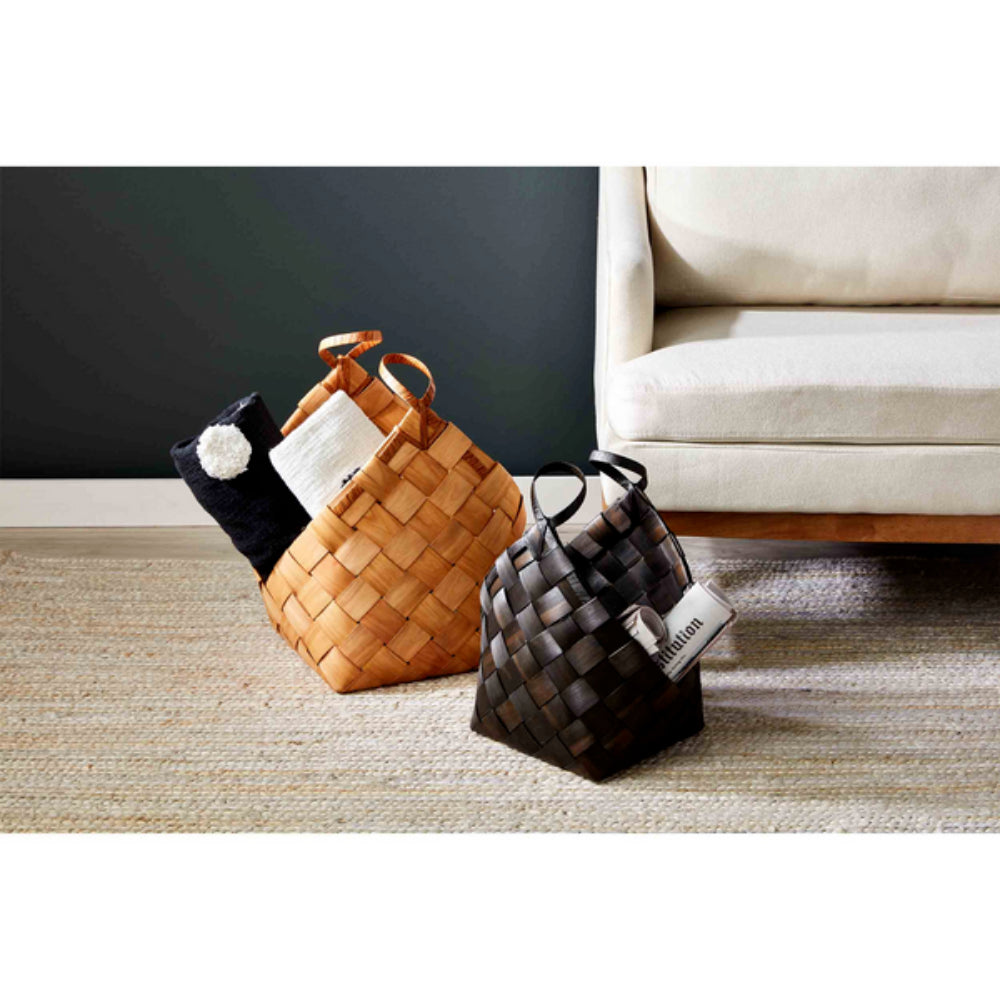 Mud Pie Woven Wood Storage Basket in Black and Natural Colors