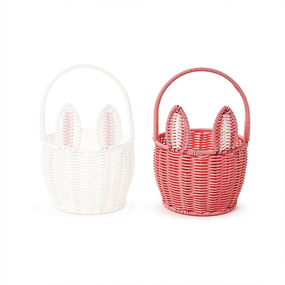 Hand-Woven Artificial Wicker Easter Bunny Basket in Pink and White