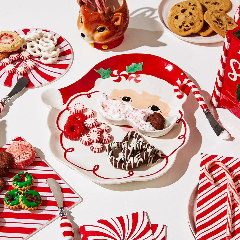 Two's Company Christmas Santa-themed Serving Platter with a Detachable Mustache-shaped Dipping Bowl