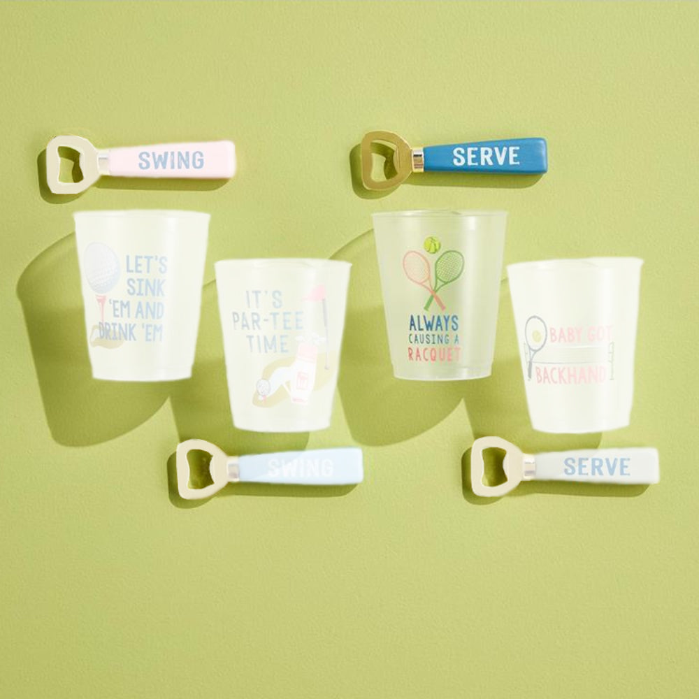 Mud Pie Frosted Plastic Flex Party Cup & Wood-Brass Bottle Opener Sets for Tennis & Golf Parties