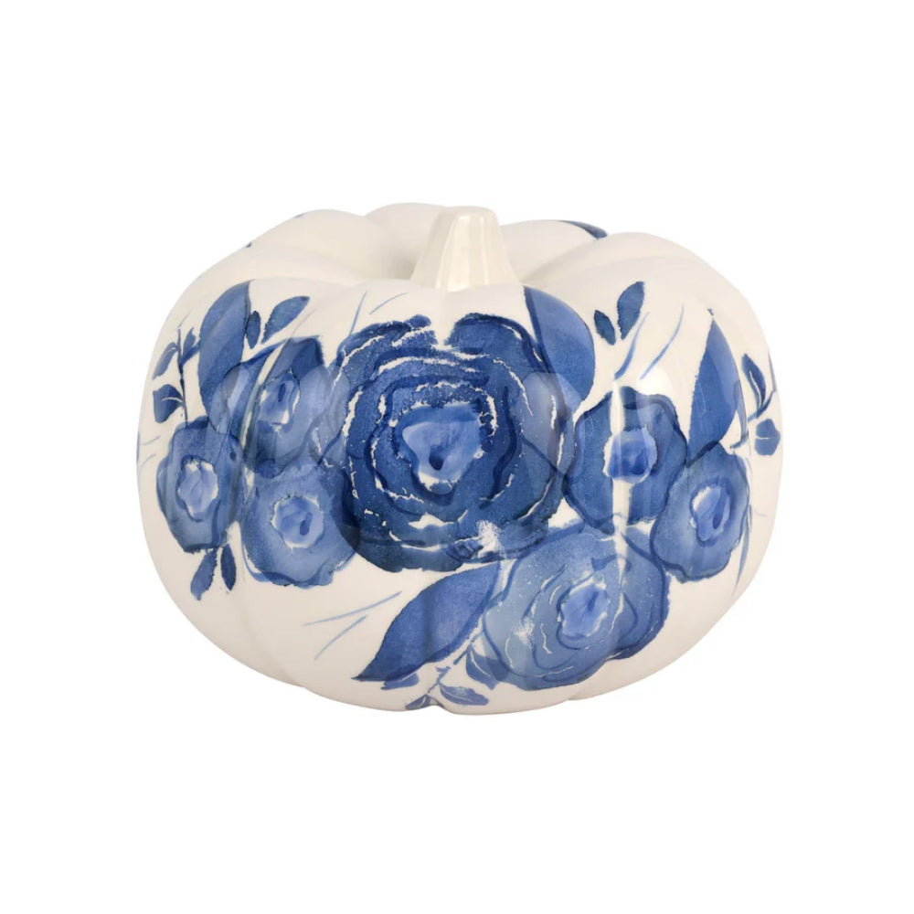 Vietri Hand - painted Blue Camellia - themed Figural Pumpkins for Fall Decor