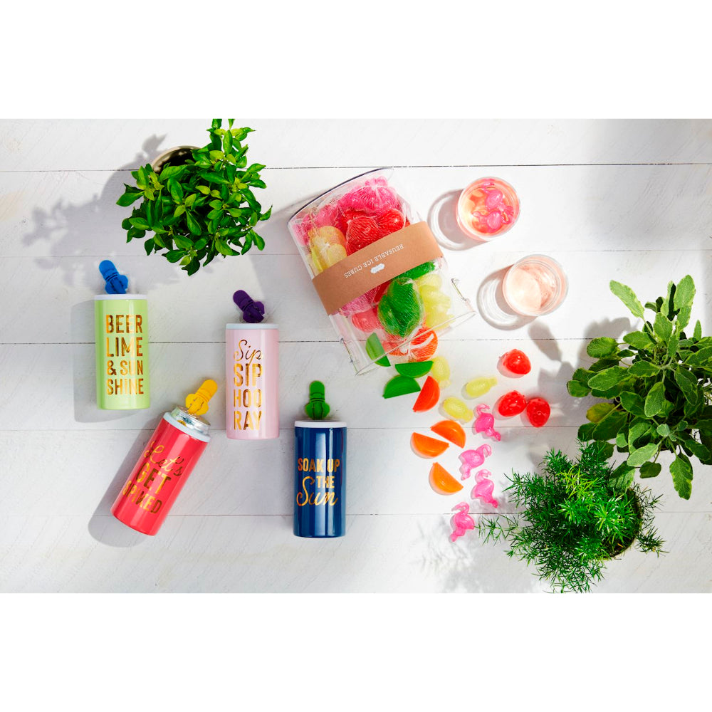 Mud Pie Colorful Metal Can Cooler with Plastic Tab Popper Sets