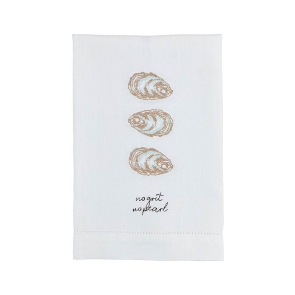 Mud Pie Handmade Oyster-Designed Embroidered Faux Linen Hand Towel for Kitchen and Bathroom