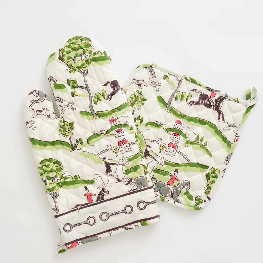Exclusive Equestrian Pomegranate Hunt Scene Oven Mitt Set for Kitchen Use