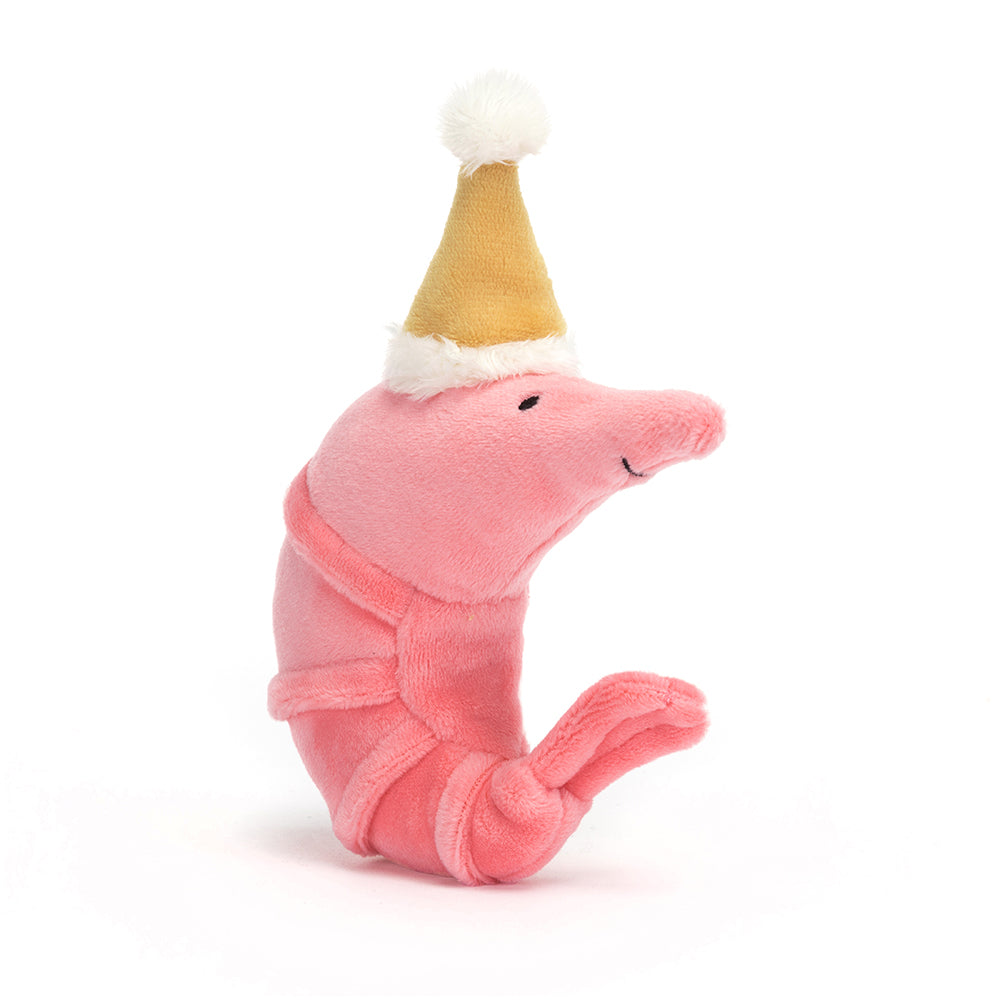 Jellycat Perky Pink Celebration Shrimp Toy with Mustard Pompom Hat