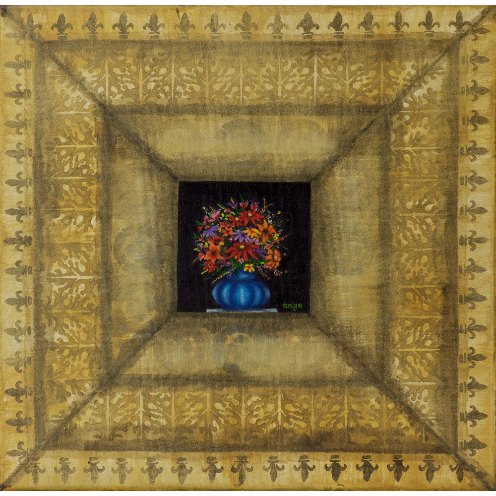 Original Multicolor Flowers Canvas Print Artwork for Animals by Angelica Goodwin with a Golden Frame