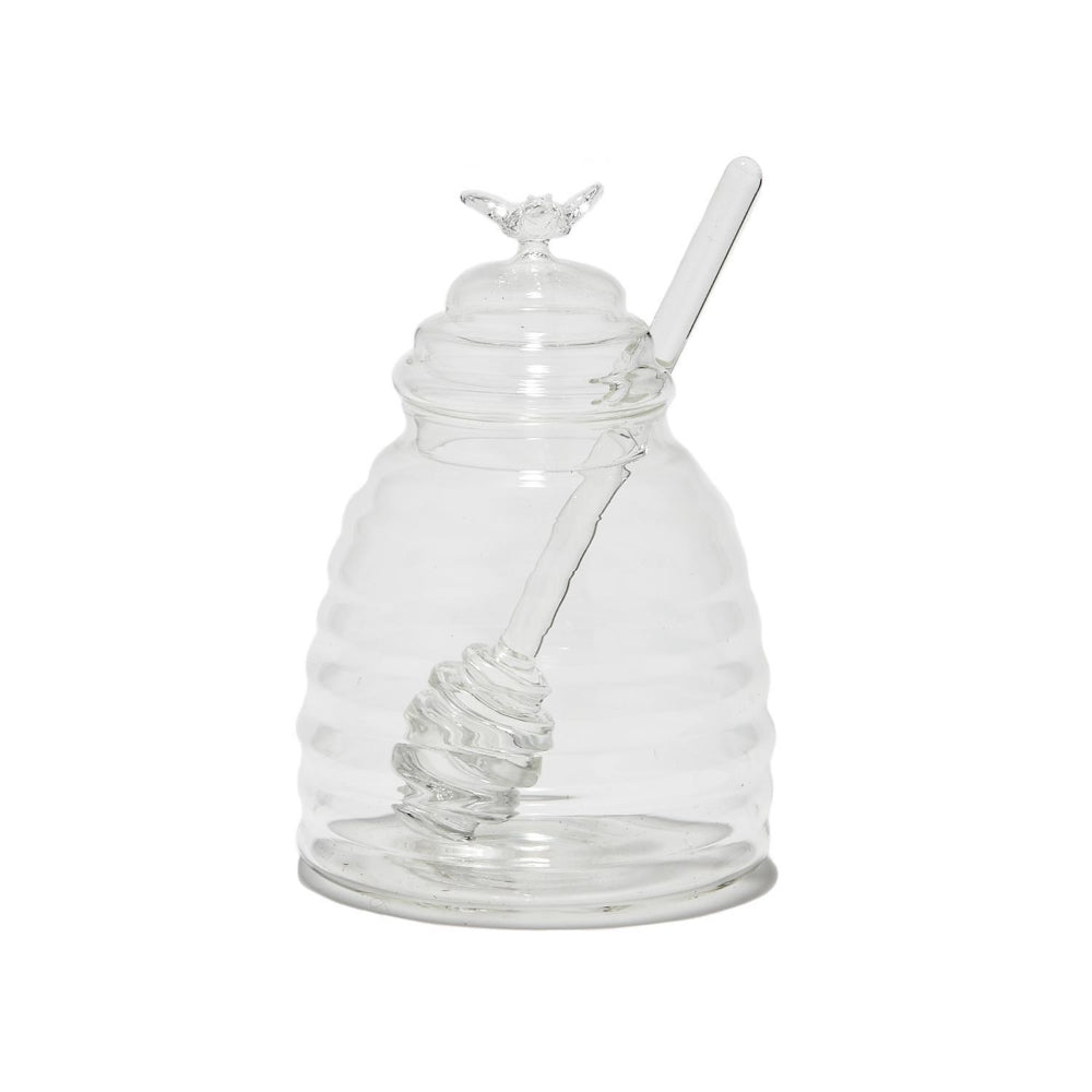 Two's Company Decorative Handblown Glass Honey Pot with Lid and Dipping Stick for Tabletop Display