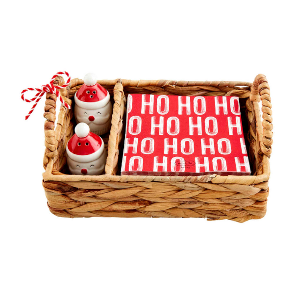 Mud Pie Festive Santa Ceramic Salt & Pepper Set with Basket and Napkins