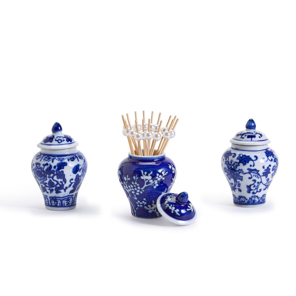 Two's Company Mini Decorative Ginger Jar Set with Bamboo Picks in Assorted 3 Traditional Floral Patterns