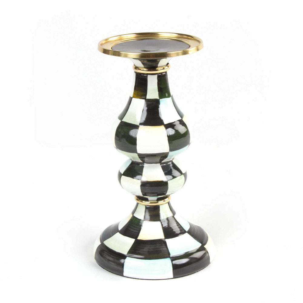 MacKenzie-Childs Heavy-Gauge Hand-Painted Courtly Check Enamel Pillar Candlestick