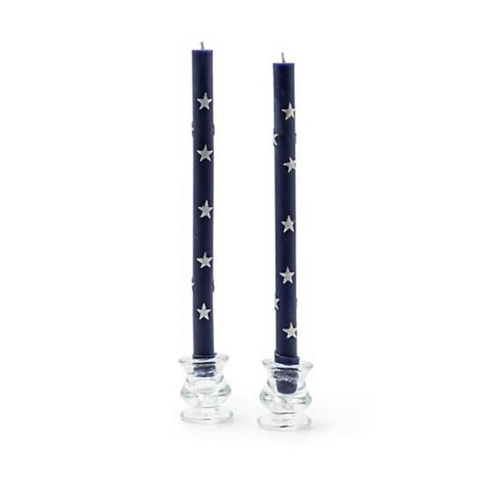 MacKenzie-Childs Navy & Pearl Star Dinner Candles - Set of 2 Hand-Painted Beeswax Blend