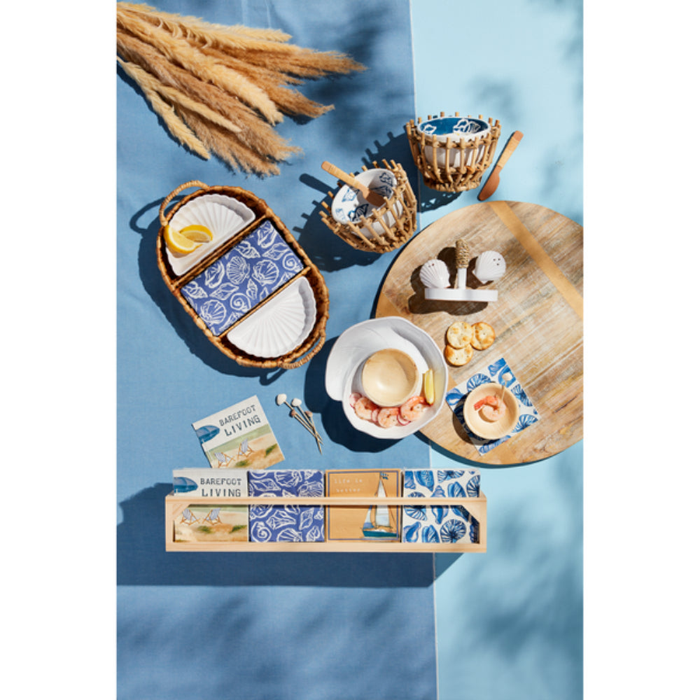 Mud Pie Milk Glazed Terracotta Shell Server with Bamboo Wood Bowls & Toothpicks Set