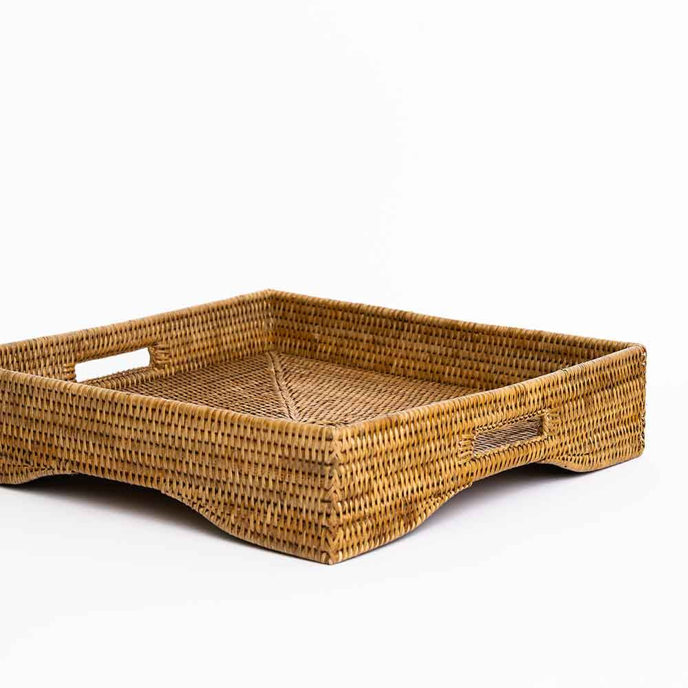 Exquisite Hand - Woven Pomegranate - Inspired Rattan Square Footed Butler Serving and Storage Tray