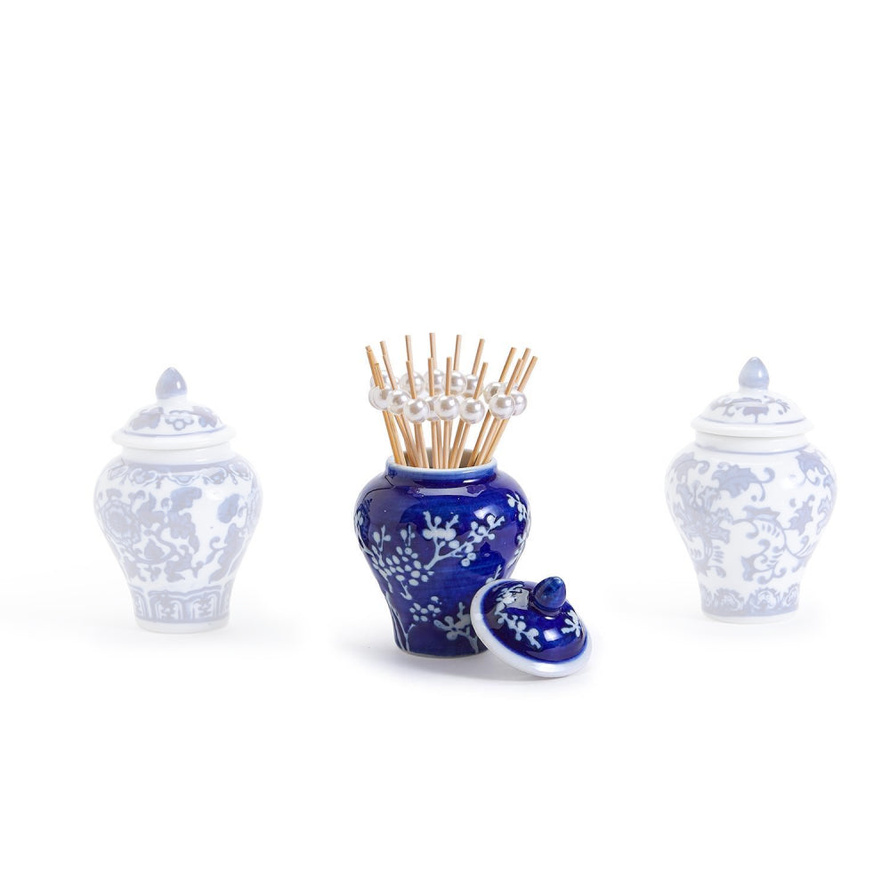 Two's Company Mini Decorative Ginger Jar Set with Bamboo Picks in Assorted 3 Traditional Floral Patterns